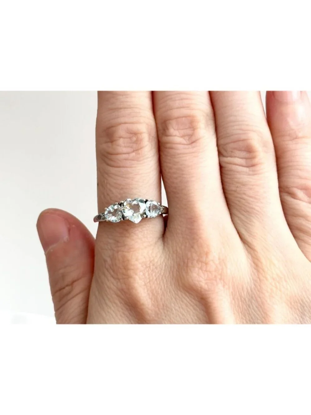 Blue Aquamarine Triple Heart Cut Sterling Silver 925 Vintage Ring - sz 9